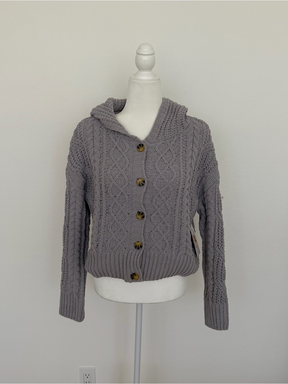 Hazel Moon NWT Grey Chenille Hooded Cardigan Cable Knit Button Front Sweater M